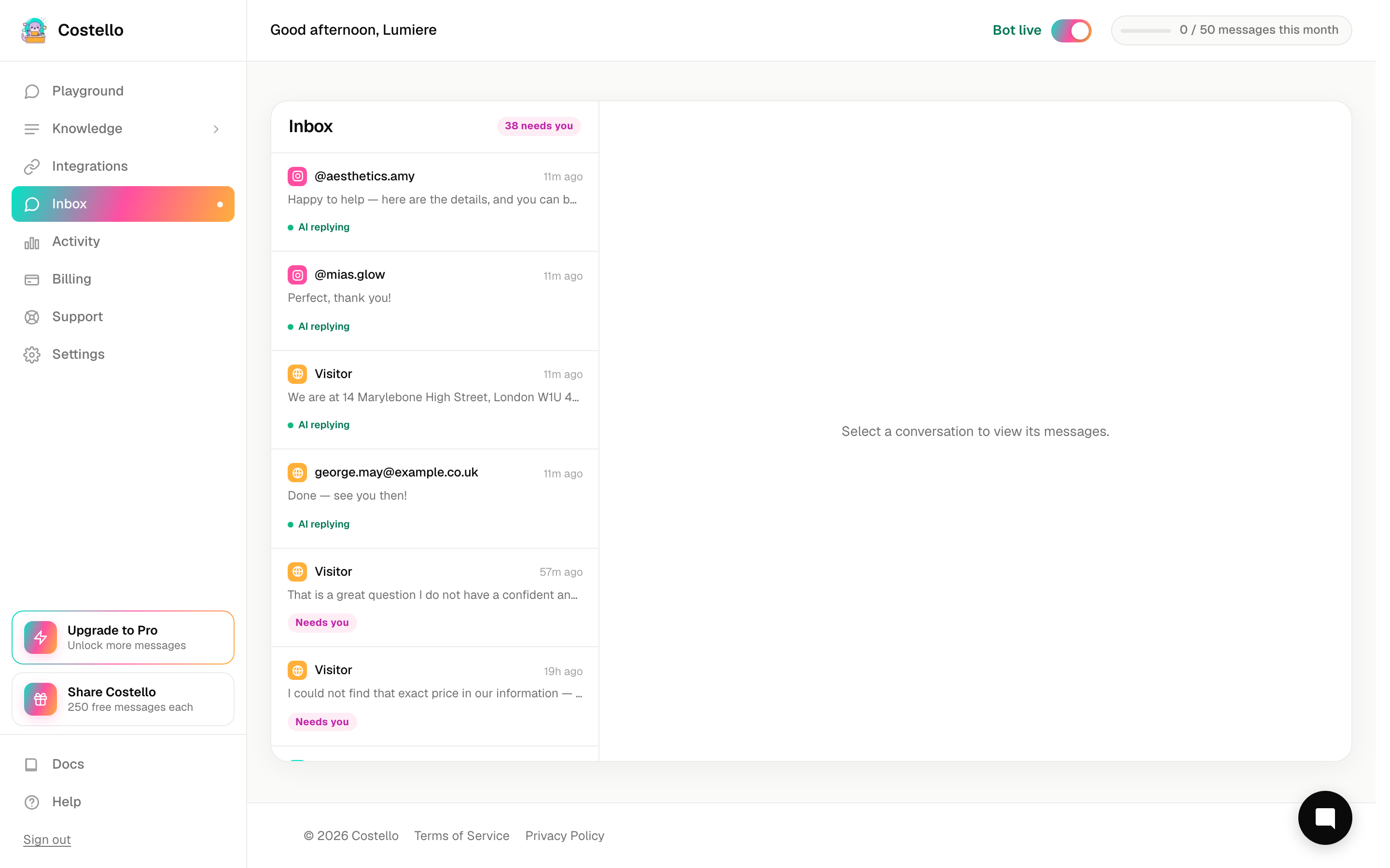 An escalated conversation flagged in the Inbox with its escalation reason shown