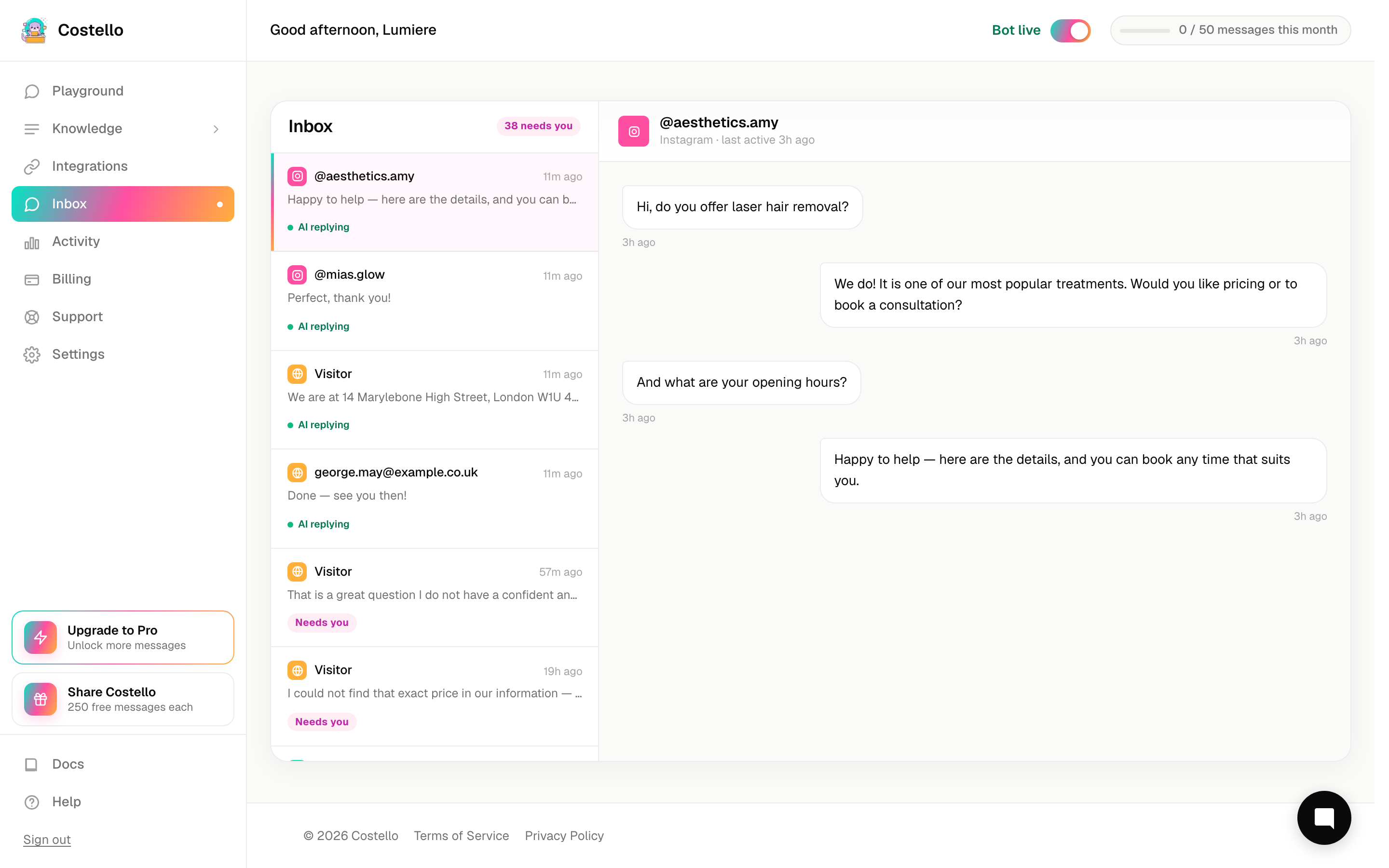 The Inbox with the conversation list on the left and an open conversation on the right