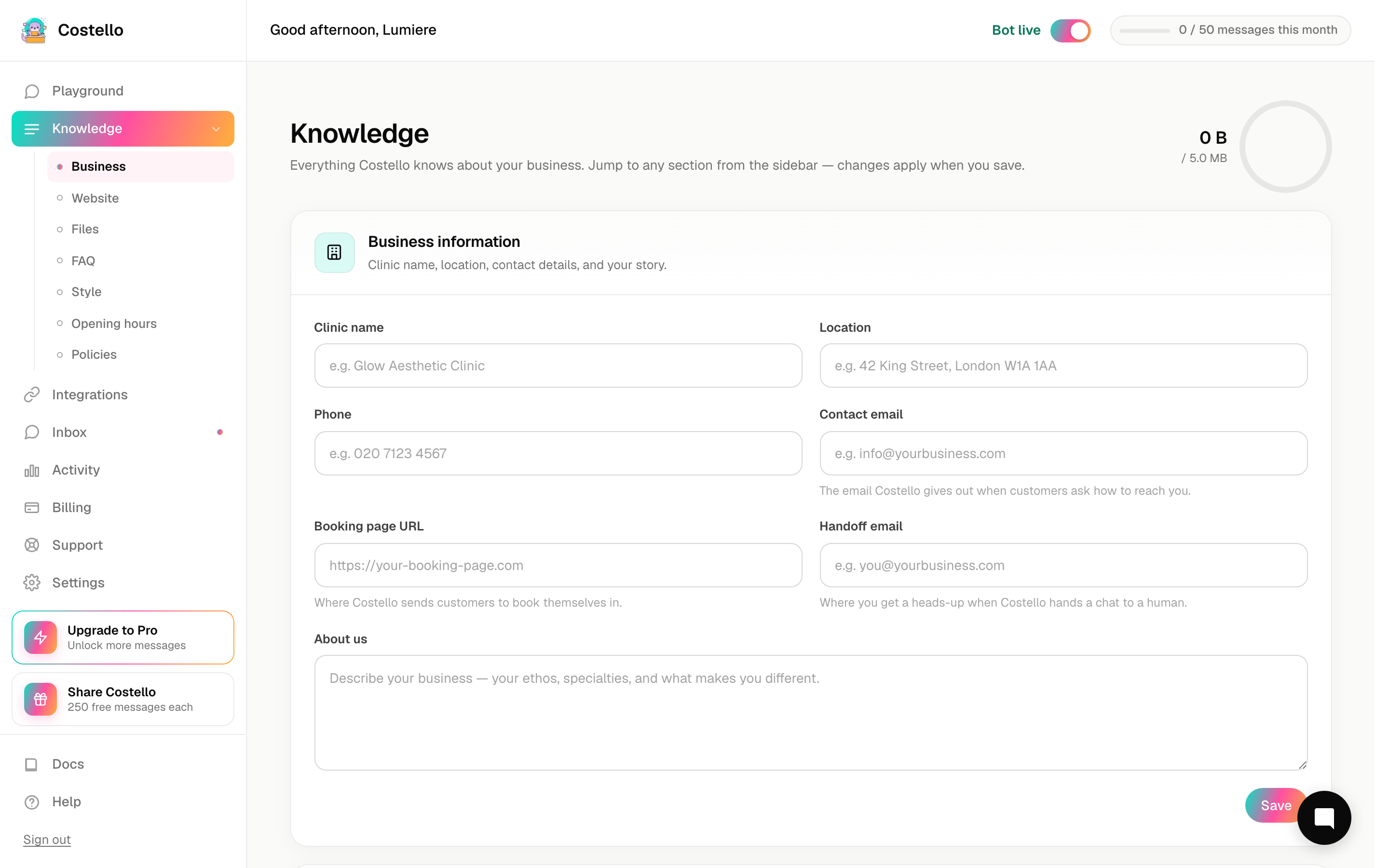 The Business Information section of the Knowledge page
