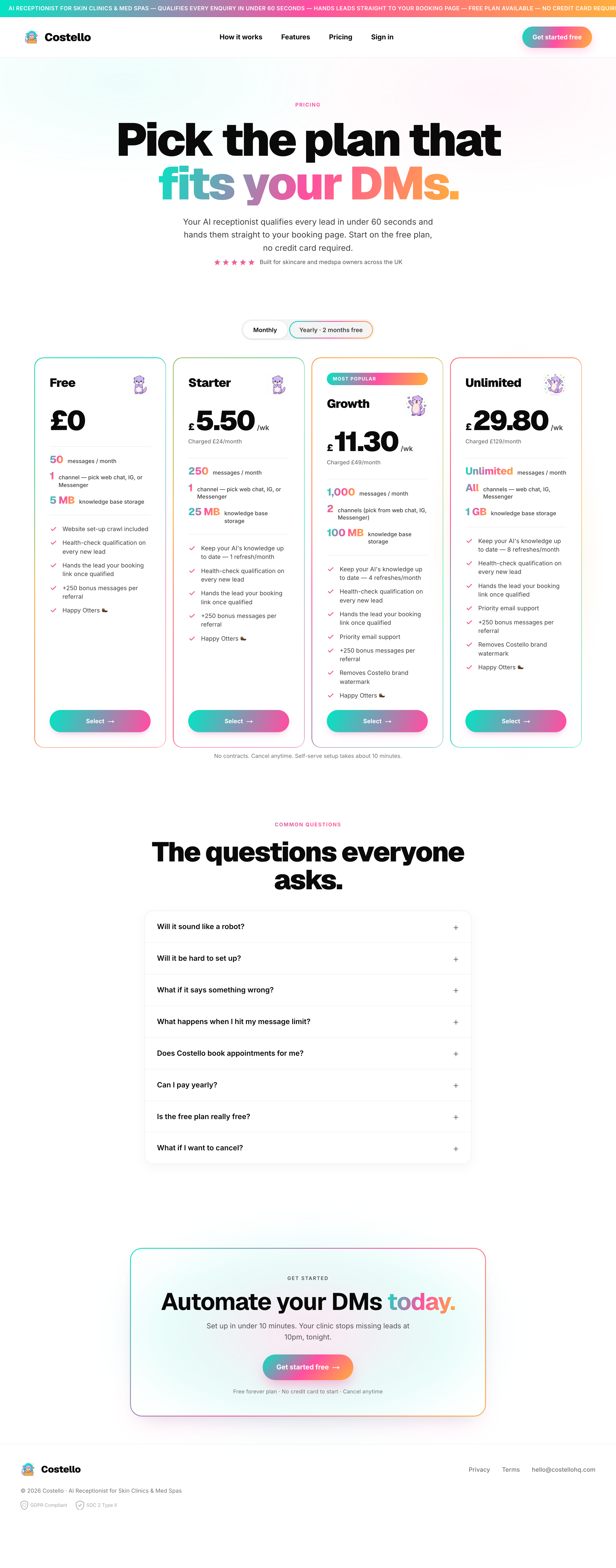 Costello pricing plans comparison