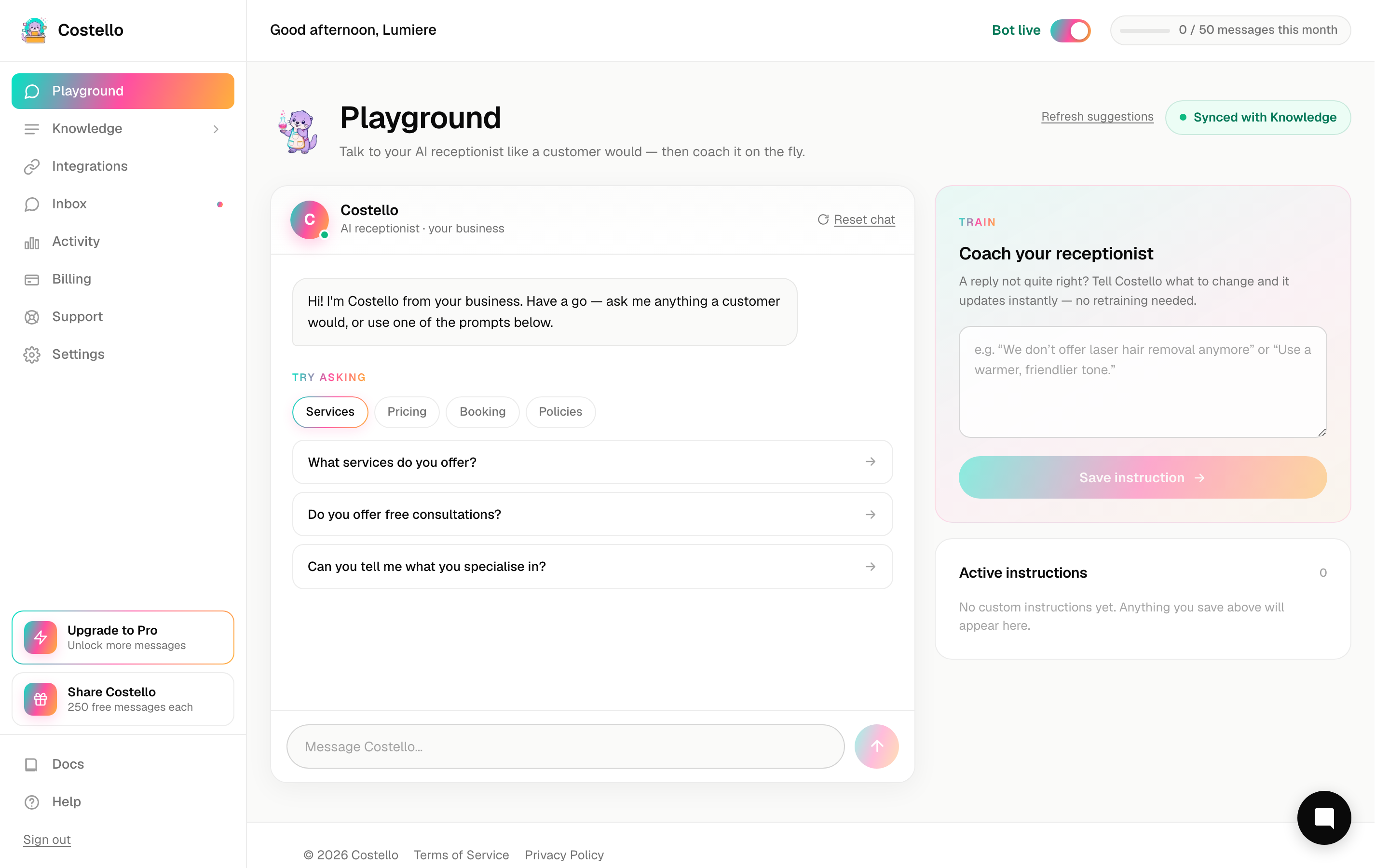 The Playground chat window with suggested prompts