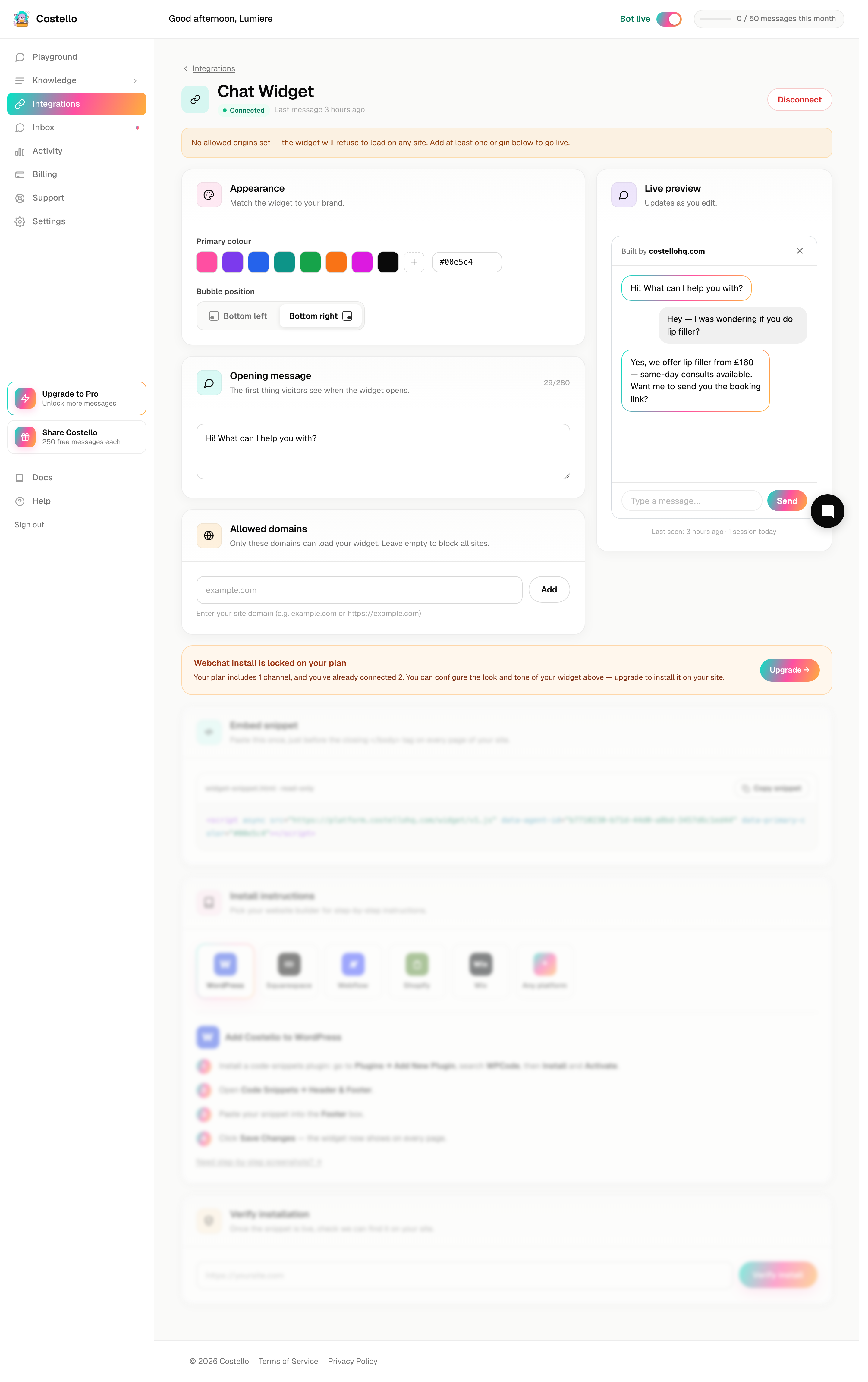 The Costello web chat widget settings page